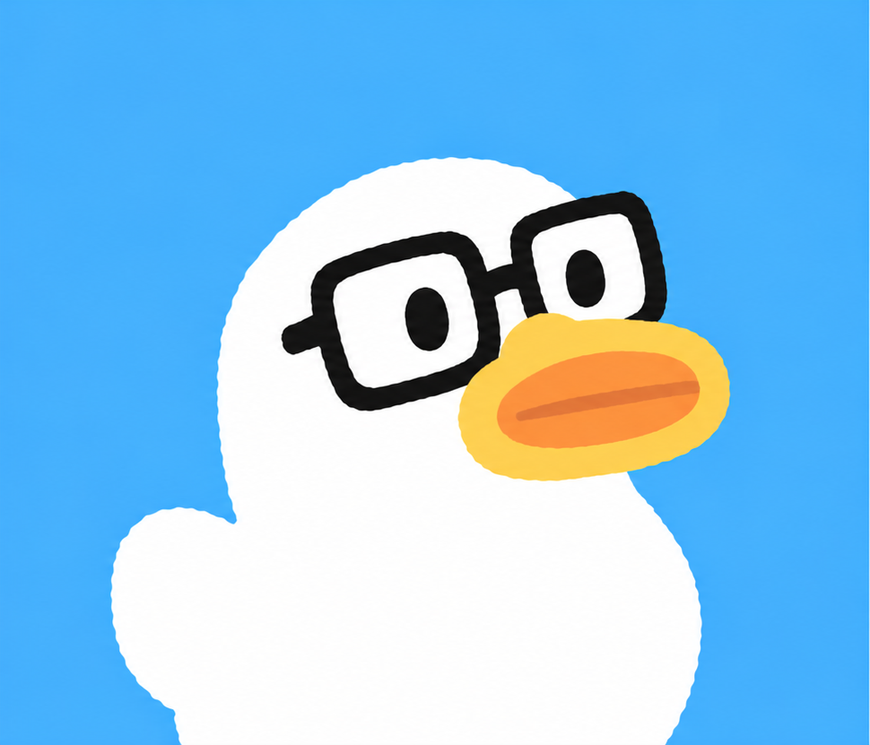 Herduck 白鸭，戴着不对称的黑框眼镜，长着金黄色的鸭嘴